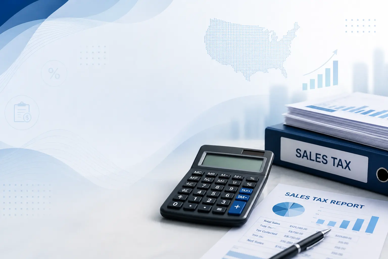 Sales Tax overview dashboard on a laptop showing total sales tax collected and paid to states, on a desk with a sales report, calculator and a Sales Tax binder.